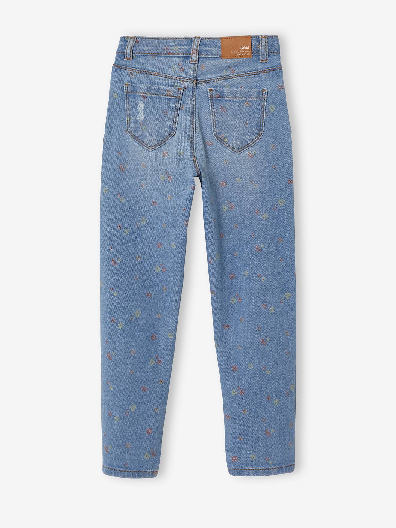 Calça jeans reta com detalhes desgastados, para menina, lavagem azul média