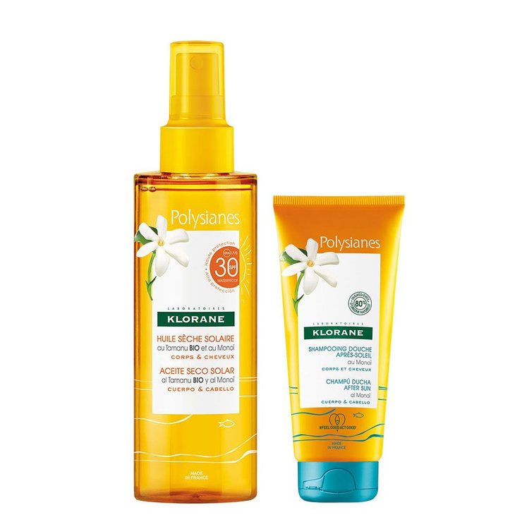 Huile Seche Solaire Spf30 + Shampoing Douche Après-Soleil au Monoï offert 150ml +75ml Polysianes Klorane