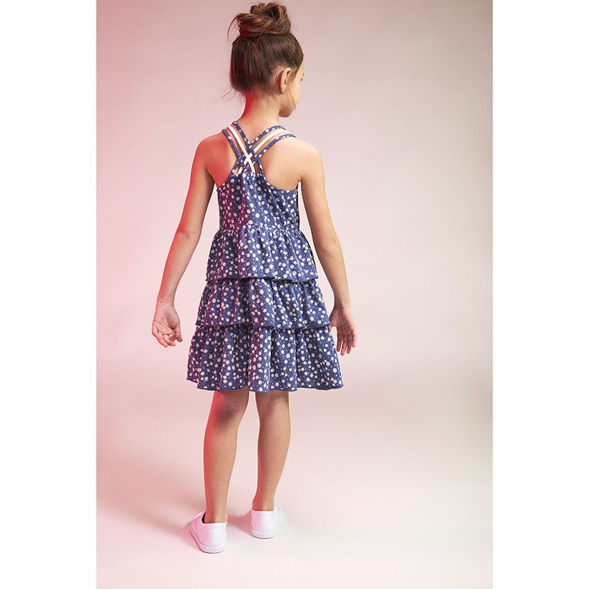 Robe volantée en maille imprimé fleurs pour fille - Bleu marine