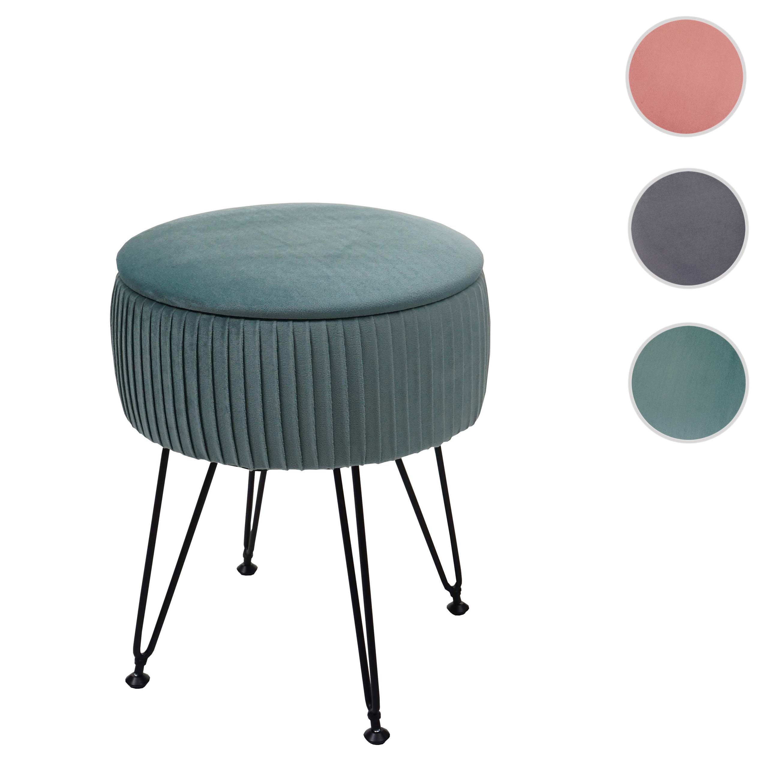 Sitzhocker MCW-K47, Hocker mit Staufach, Ø 33cm, Samt-Optik ~ grün, Gestell schwarz
