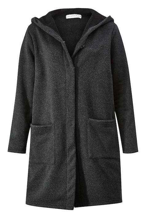 Long-Strickfleecejacke, Straight Fit, Kapuze, Druckknöpfe, Langarm