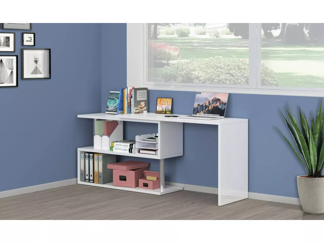 Bureau Candido, Bureau PC d'angle, Table de bureau polyvalente, Bureau multi-positions gain de place, 100% Made in Italy, 120x50h75 cm, Blanc brillant