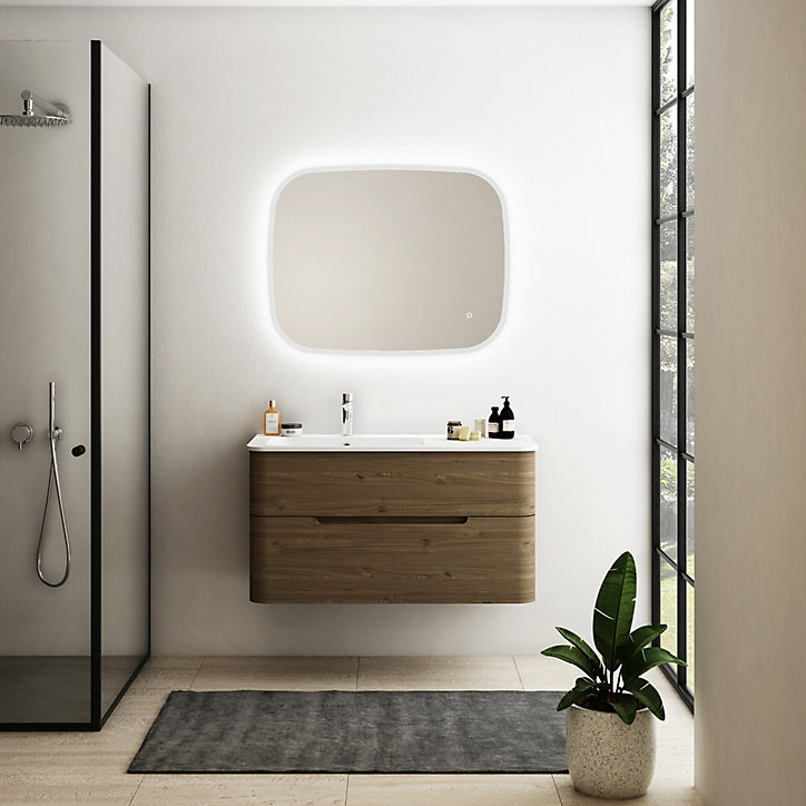 Ensemble salle de bains L. 104 cm meuble sous vasque décor noyer + plan vasque à gauche blanc mat Alba