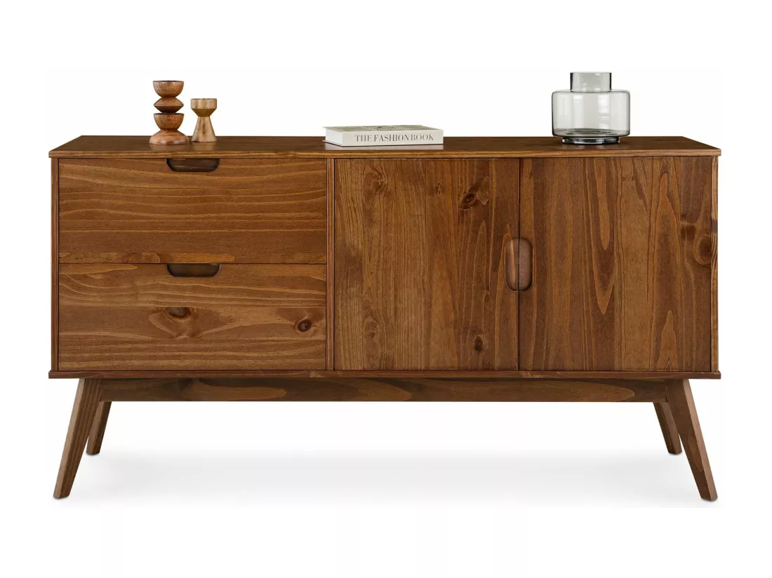 Buffet salle à manger TIVOLI L 145 cm en bois massif finition bois bun foncé avec 2 tiroirs et 2 portes battantes