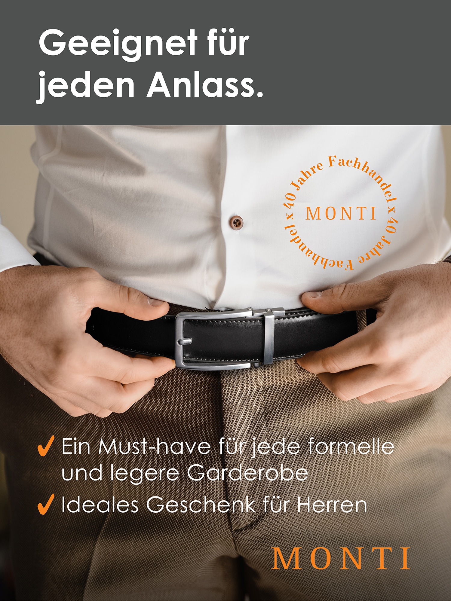 MONTI Ledergürtel 3,5 cm breit, Klassisch-Business, Automatikschliesse - Passt immer