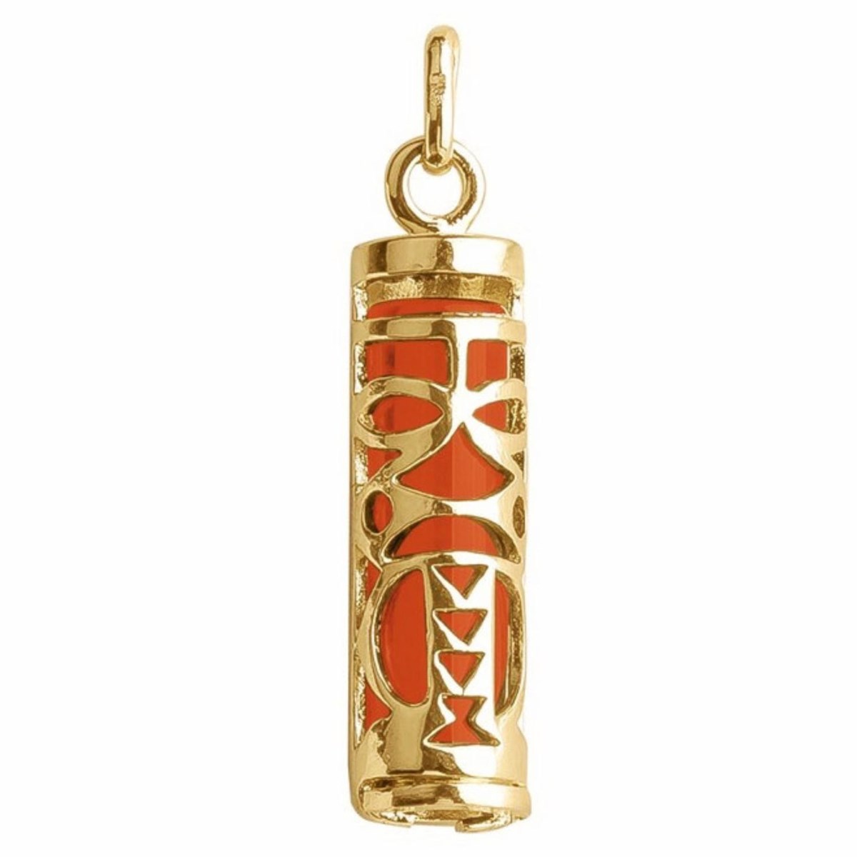 Pendentif Tiki Polynésien rouge corail maori en plaqué or 3cm + chaîne symbole tendresse