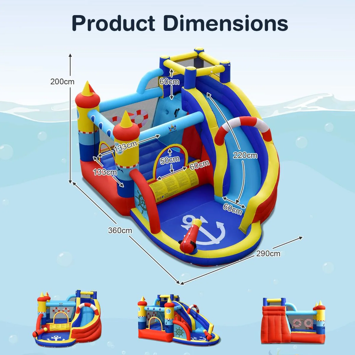 Château Gonflable Style Bateau avec Toboggan Incurvé Zone de Saut Mur d'Escalade avec Gonfleur 450 W