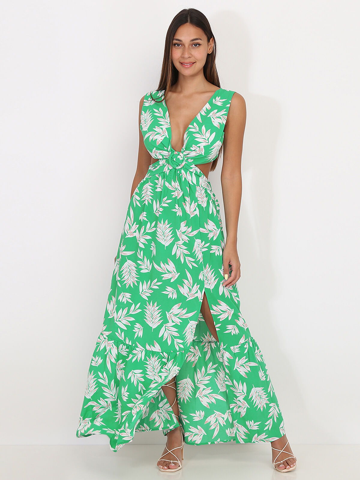 Robe cut out à imprimé feuilles- Vert