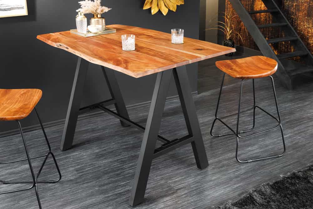 Massivholz Bartisch MAMMUT 120cm natur Akazie Baumkante Metall schwarz mit Fußablage
