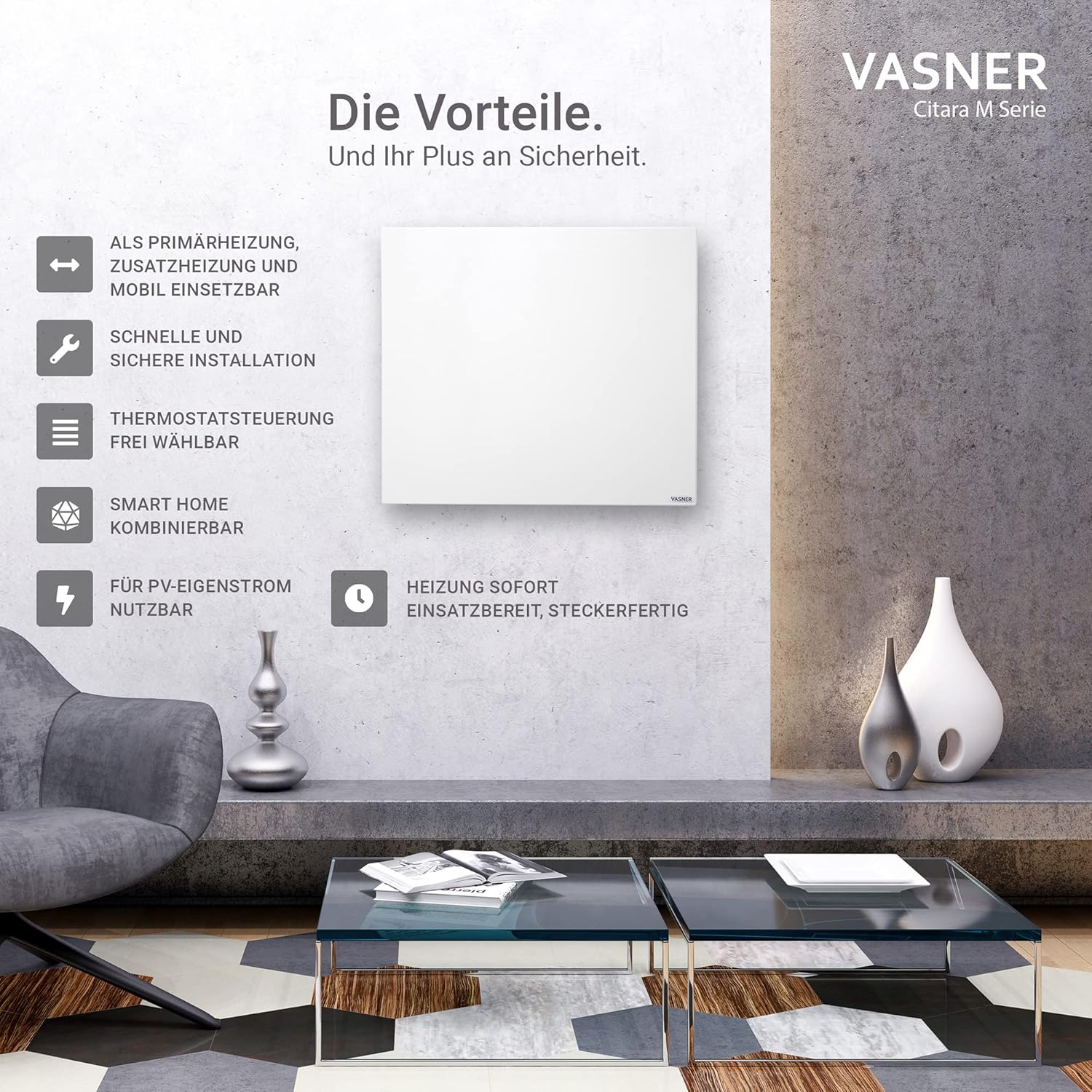 VASNER Citara M Infrarotheizung – Infrarot Elektroheizung Metall weiß Wandheizung Deckenheizung IP44 Schutz Bad Heizpaneel Innenbereich 10 J. Garantie (450 Watt)