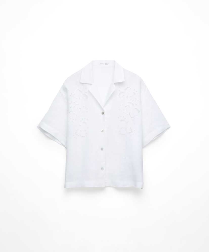 Camisa de manga curta, 100% linho, bordada.