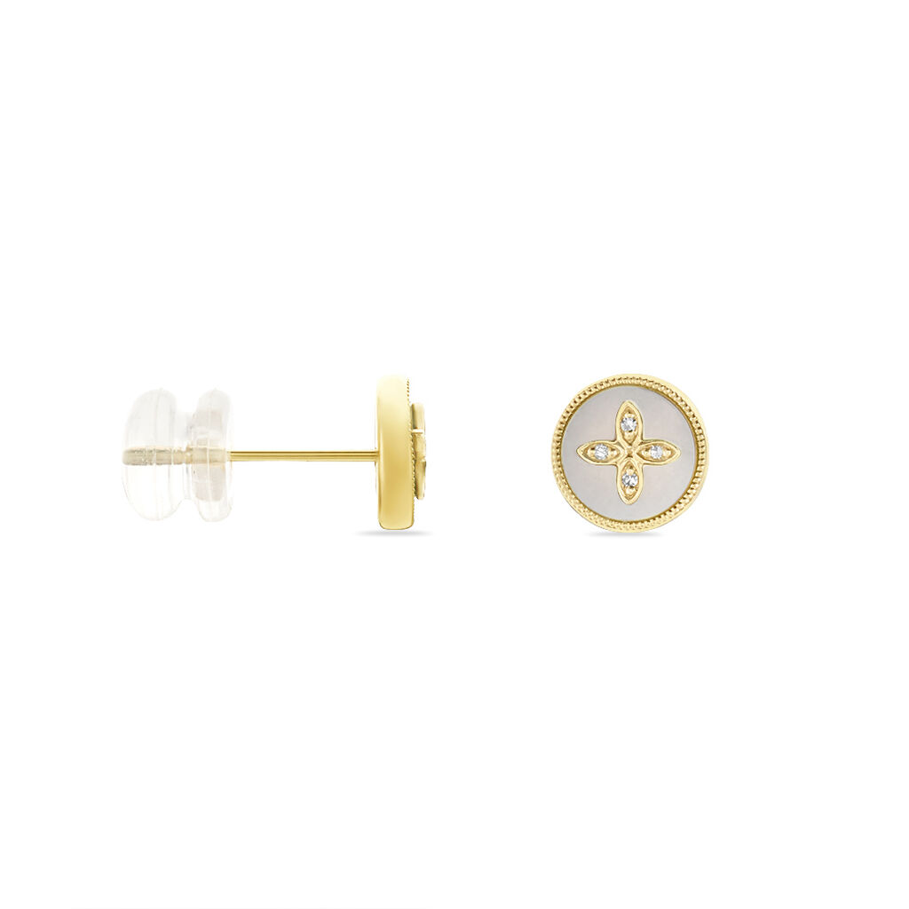 Boucles D'oreilles Puces Talisman Or Jaune Nacre Diamant
