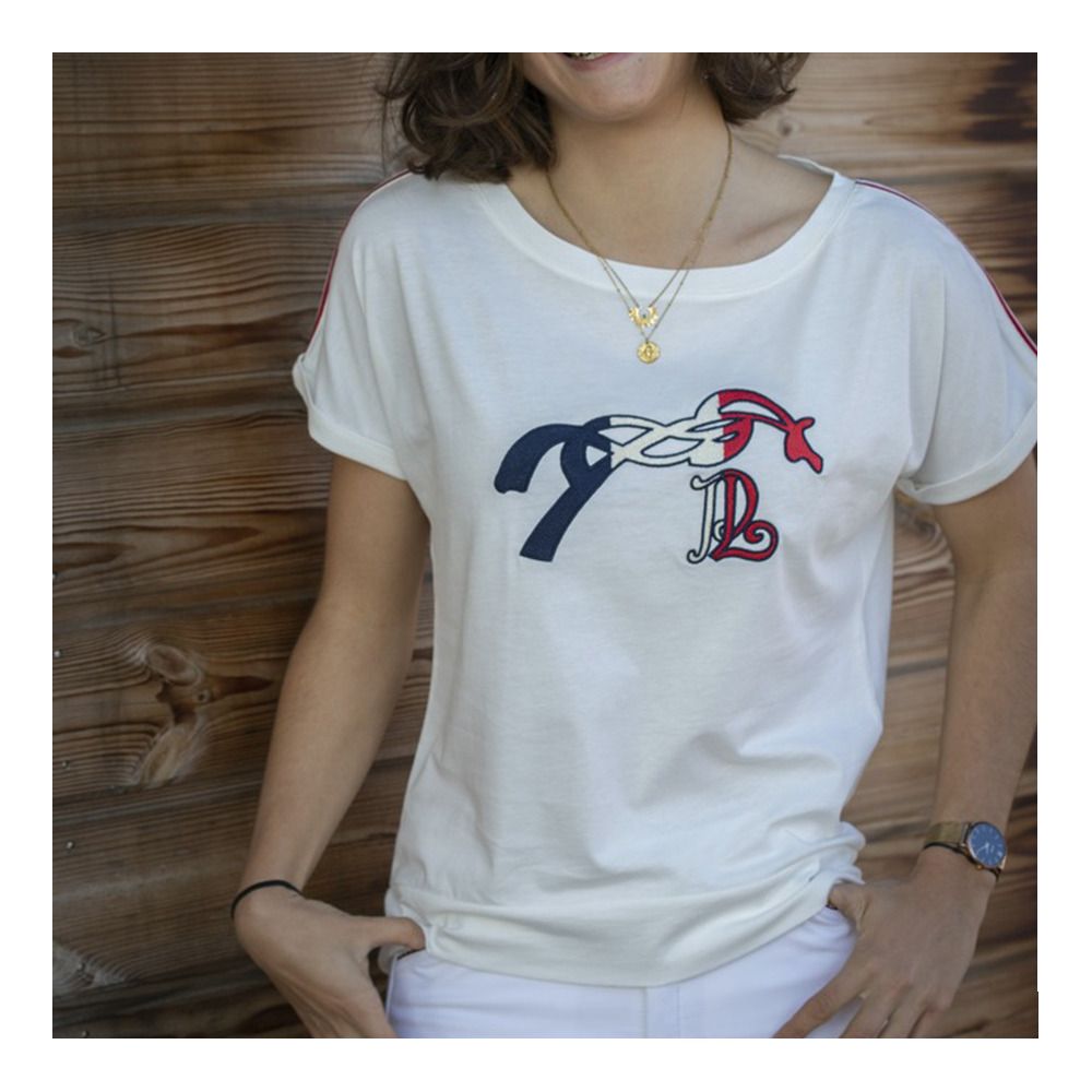 Pénélope POPPY - Tee-shirt Femme blanc cassé/galon tricolore