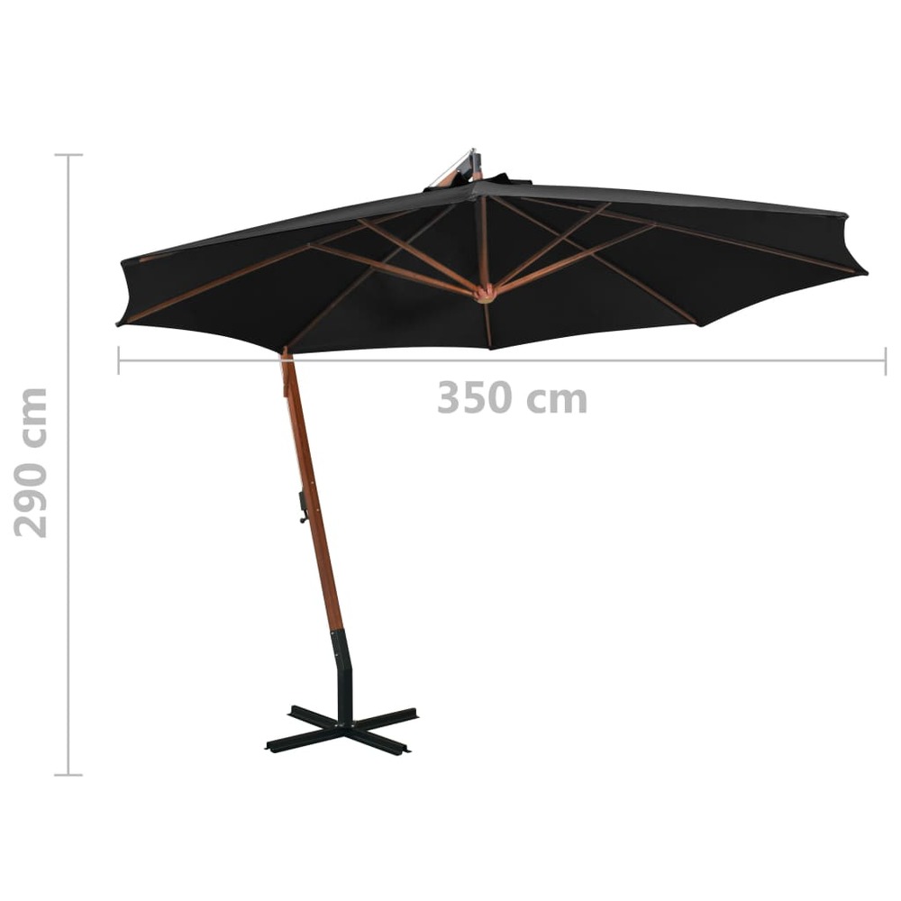 Parasol suspendu avec mât 3,5 x 2,9 m bois de sapin massif noir