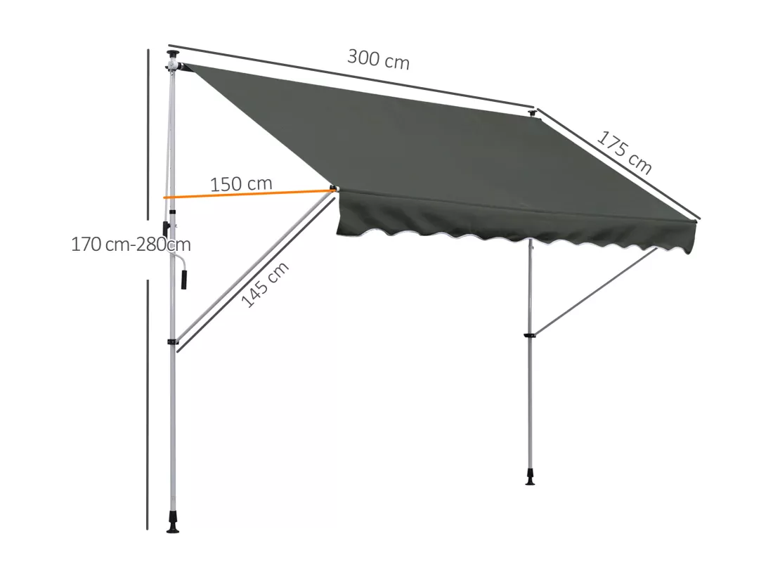 Store banne manuel rétractable 3L x 1,5l m inclinaison et hauteur réglable installation rapide métal alu polyester anti-UV gris