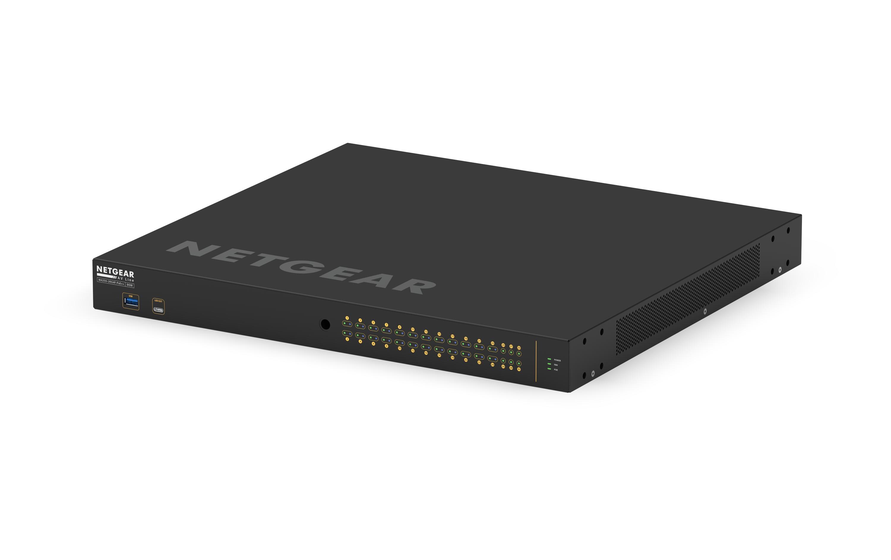 PoE++ Switch AV Line M4250-26G4F-PoE++ 28 Port<br>NETGEAR AV Line M4250-26G4F-PoE++ 24x1G Ultra90 PoE++ 802.3bt 1.440W 2x1G und 4xSFP Managed Switch (GSM4230UP)