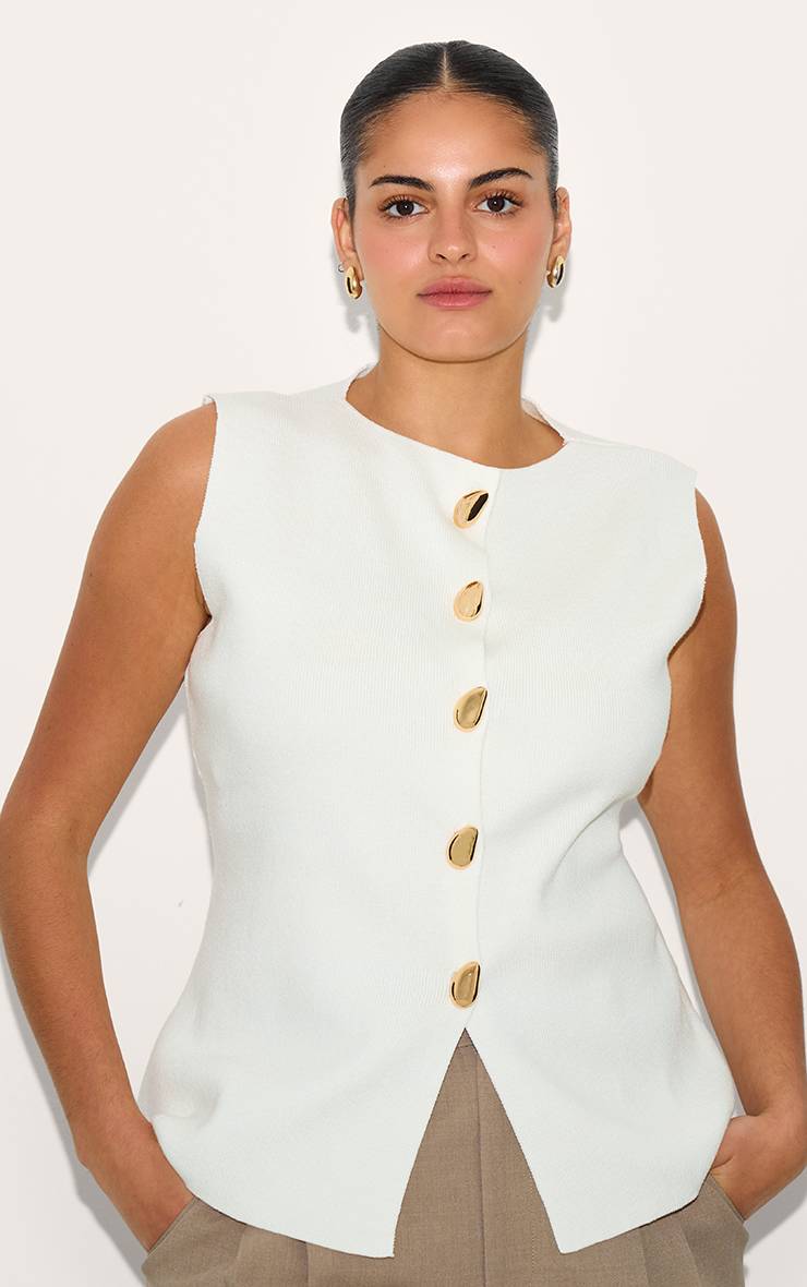 Crème Gilet Grande Taille En Maille Compacte Boutonné