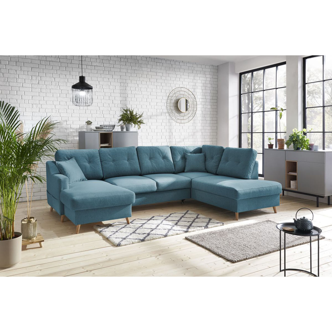 Bobochic Canapé d'angle panoramique convertible gauche Sweden bleu clair - 300x149/90/198x95 cm