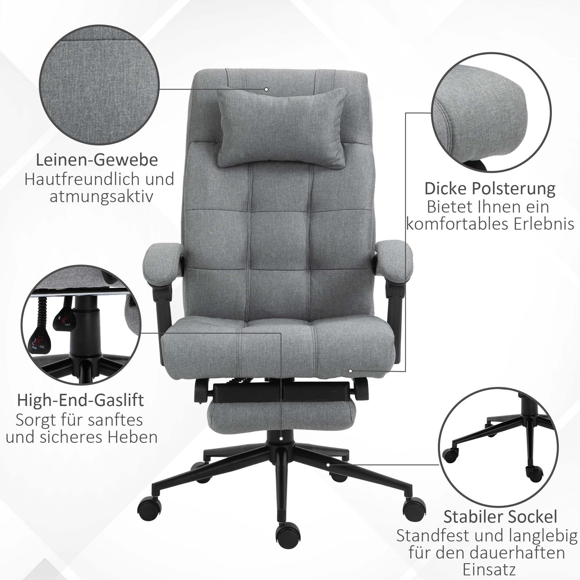 Vinsetto Bürostuhl Höhenverstellbar mit Fußstütze grau 66B x 70T x 116-124H cm