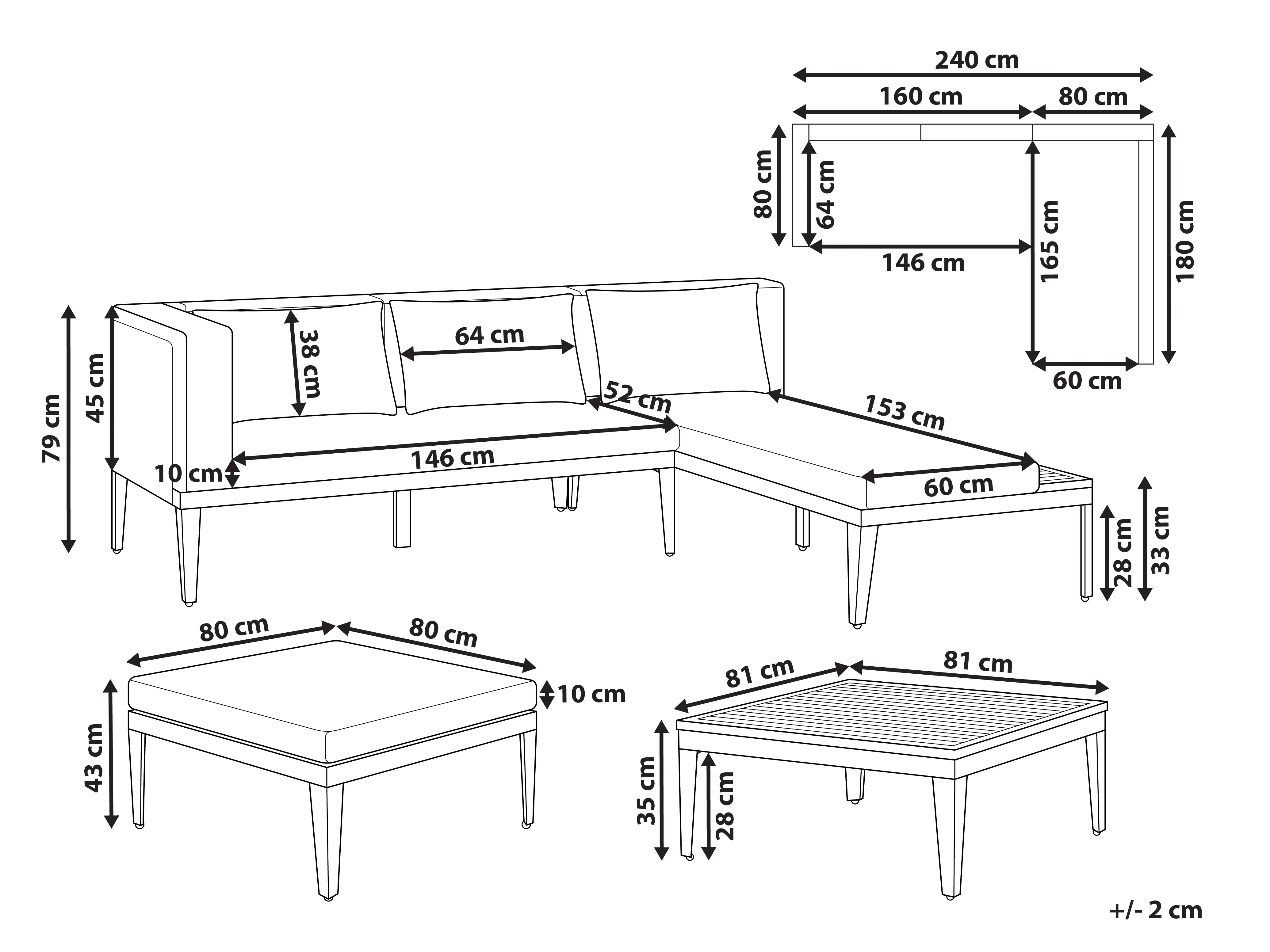 Loungeset met tafel en ottomaan 3-zits BRACCIANO linkszijdig Gecertificeerd acaciahout Lichtbeige