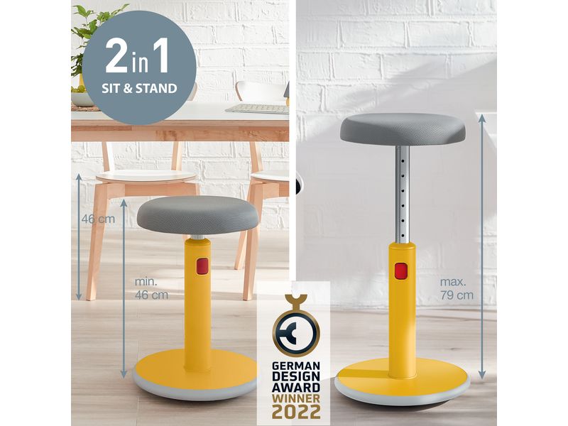 Leitz Ergo Cosy Active Sitz und Stehhocker Gelb Höhenverstellbarer, ergonomischer Hocker zum Sitzen und Stehen für eine verbesserte Muskelaktivität und bessere Körperhaltung