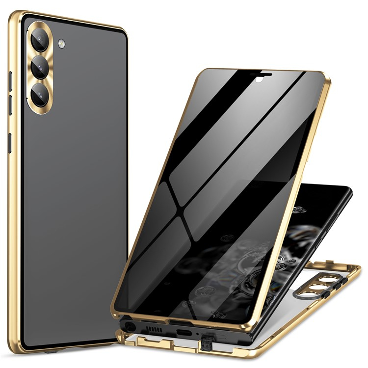 Samsung Galaxy S24  Plus Magnetische Alu Schutzhülle mit Panzer Glas Backcover   Privacy Display- / Kameraglasschutz (Verschlussmechanismus) - Gold