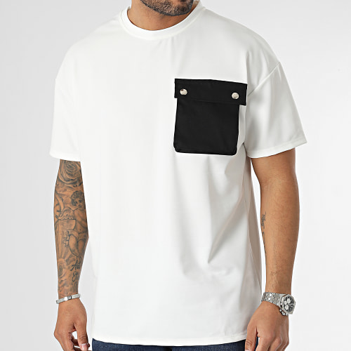 Tee Shirt A Poche Poitrine Beige Clair Noir