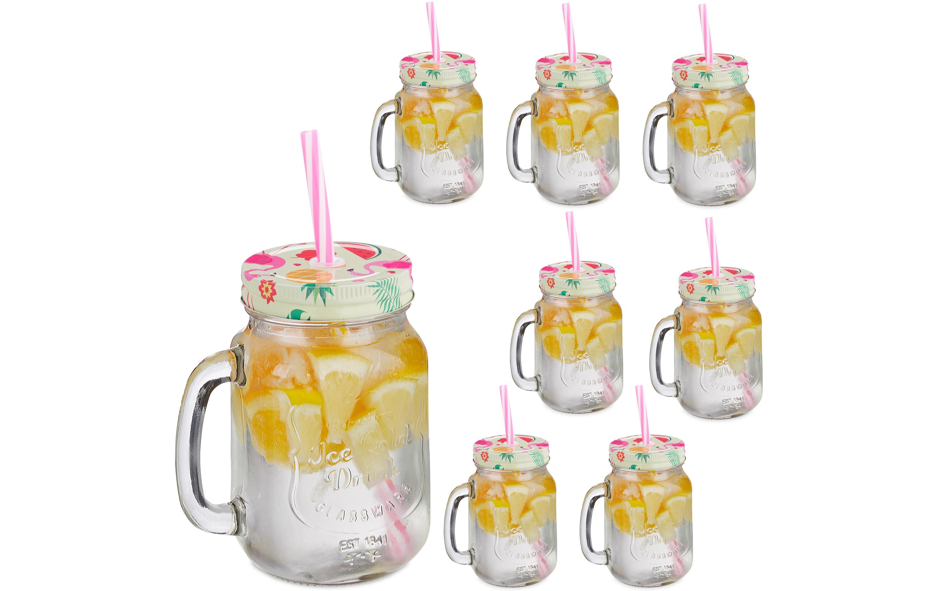 Trinkkrug Flamingo 500 ml, 12 StückHenkelgläser mit Deckel und Strohhalm