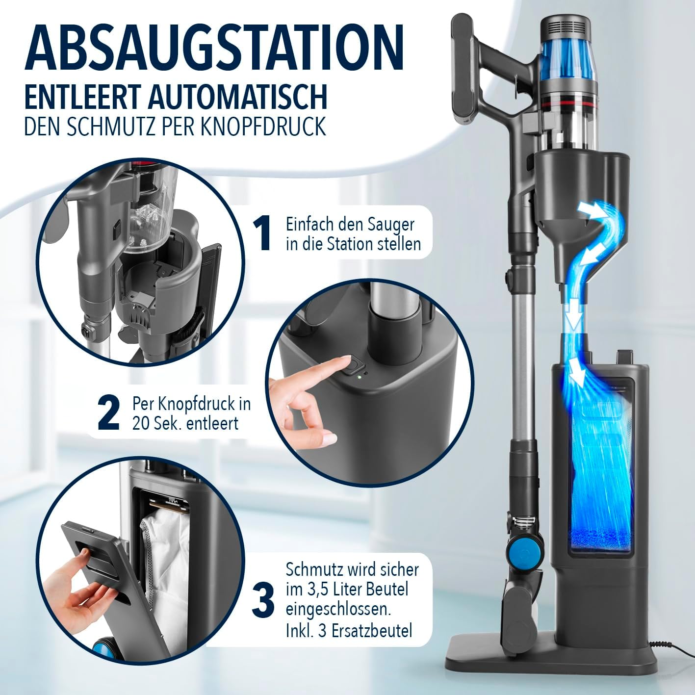 CLEANmaxx AeroTec 500 Staubsauger mit Absaugstation | Handstaubsauger smart & kabellos | automatische Staubentleerung 3,5 l Beutel | 34 kPa | 60 Min Laufzeit | Milbenaufsatz & HEPA-Filter