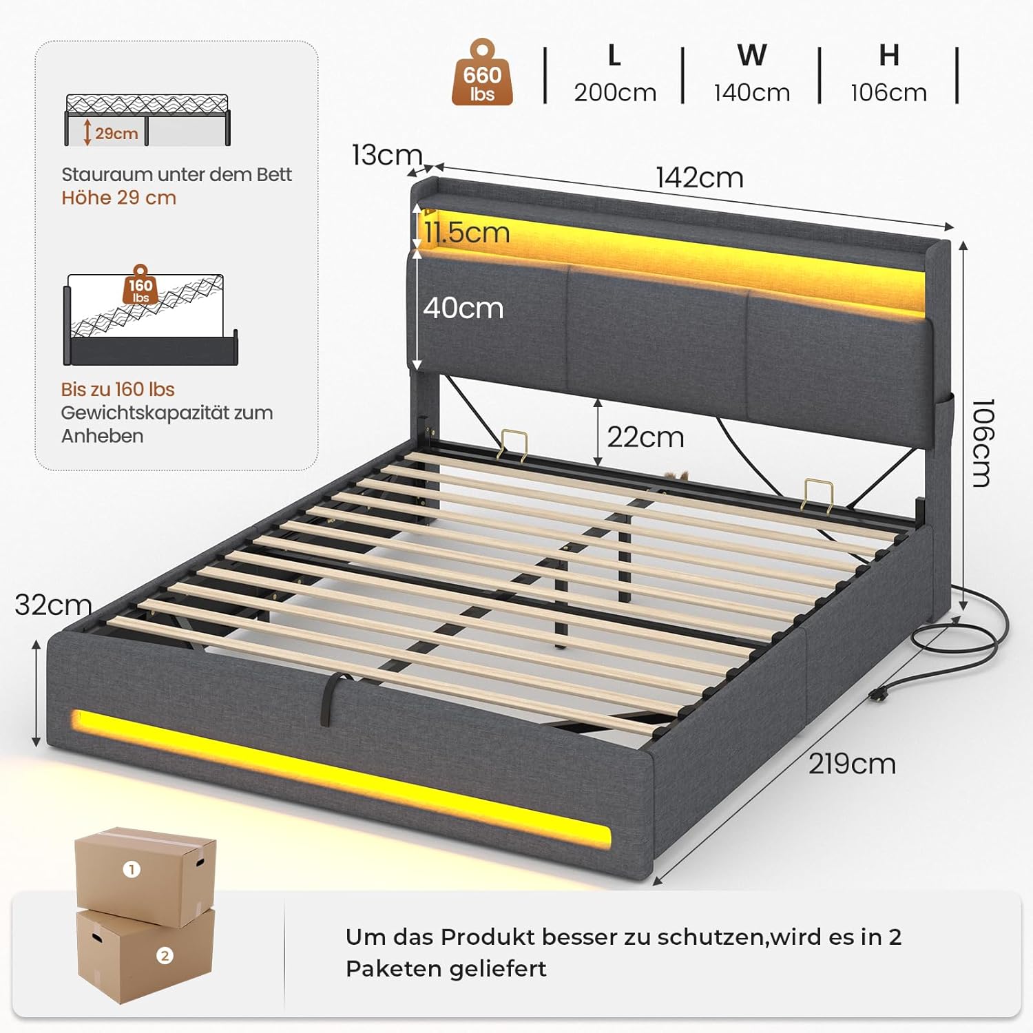 AOGLLATI Polsterbett 140×200 mit Steckdosen und LED-Beleuchtung, Doppelbett mit Stauraum Kopfteil, Bett 140×200 mit Hydraulische Stauraum und Lattenrost aus Holz, Linen, Dunkelgrau（Ohne Matratze）