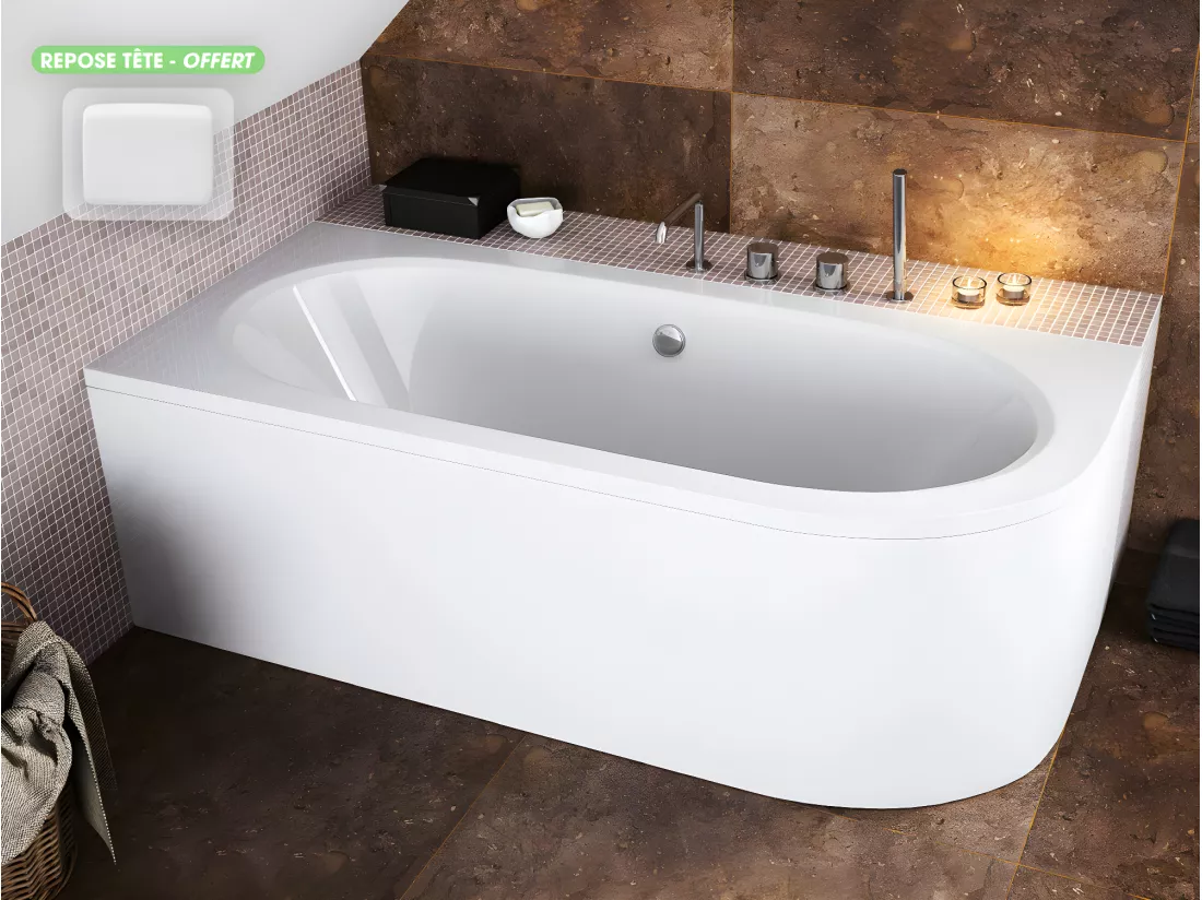 Baignoire d'angle - avec tablier blanc et repose tête offert | AVITA | 160 x 75 cm - Gauche