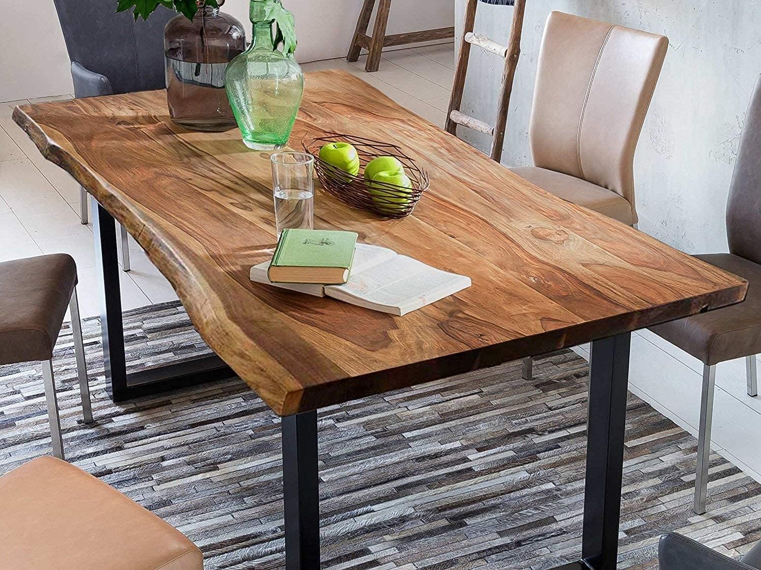 SAM Baumkantentisch 160x85 cm Quarto, Akazienholz massiv + nussbaumfarben, Esstisch mit schwarzem U-Gestell, Esszimmertisch/Holztisch Industrial-Design, Tischplatte 26 mm