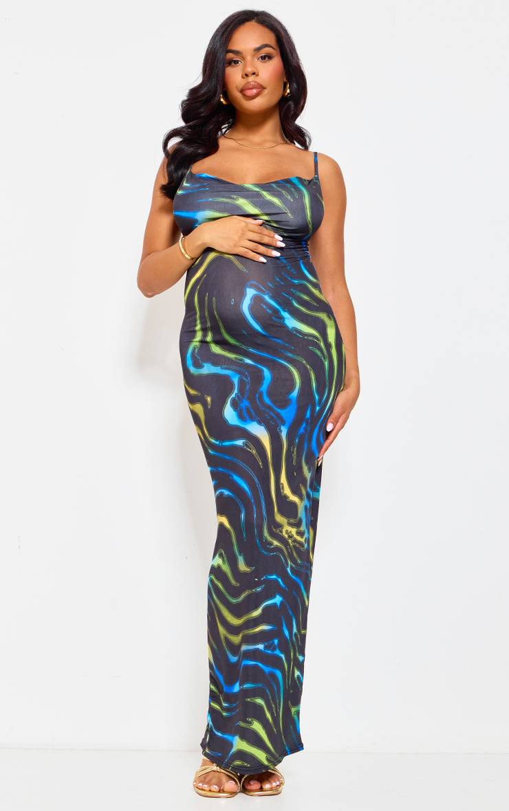 Multicolore Robe Maxi De Maternité Imprimée Verte À Col Bénitier