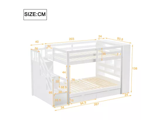 Lit superposé 90 x 200 cm avec escalier de sécurité et rangement tiroirs grands casiers clôture haute sommier à lattes en Pin Blanc