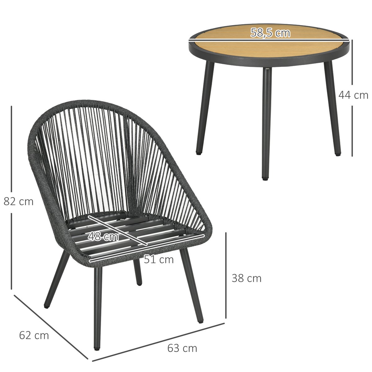Outsunny 3-delige tuinmeubelset, 63L x 62B x 82H cm, aluminium, PE-touw, polyester, grijs