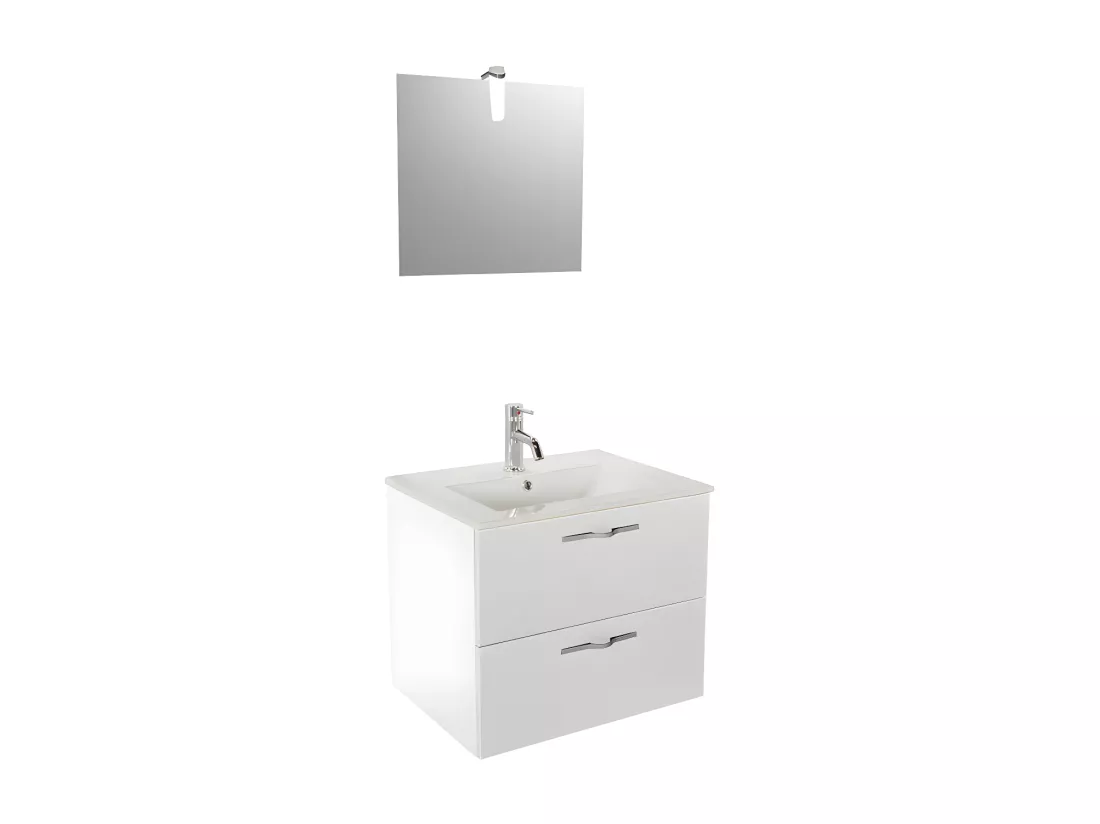 Ensemble meuble de salle de bain suspendu 2 tiroirs 60 cm Blanc + miroir + colonne- KUNDO