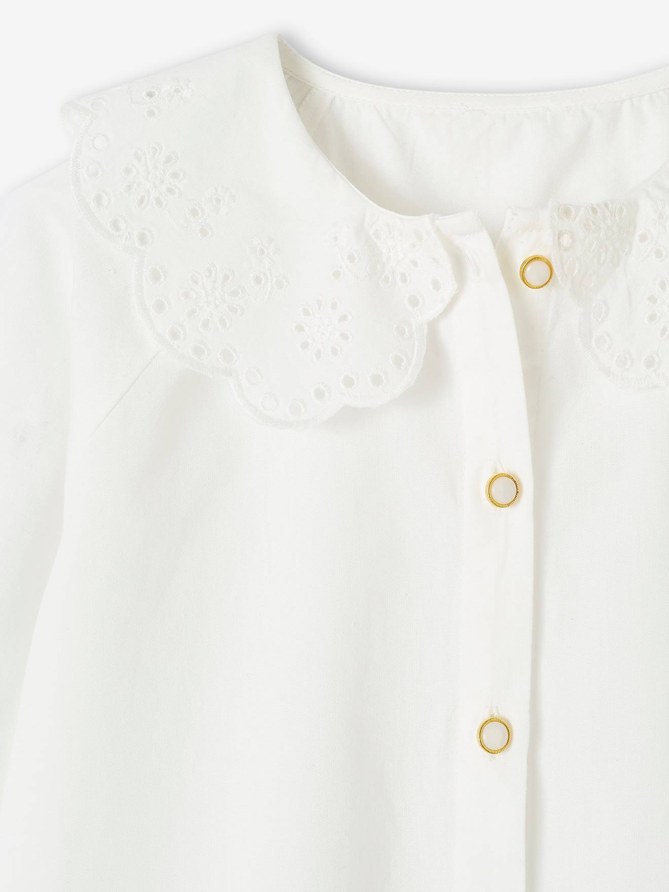 Camisa off-white com gola bordada em estilo inglês para meninas