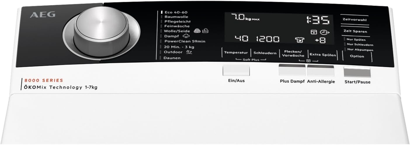 AEG Waschmaschine Toplader, 40 cm, 7 kg, Serie 8000 PowerCare - Faserschonend Sauber in nur 59Min. bei 30 °C, Dampf-Programm – Weniger Bügeln, Mengenautomatik, Nachlegefunktion, 1300 U/min, LTR8A80370