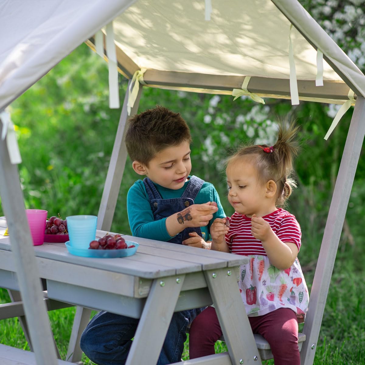 Meppi Sitzgruppe Pellworm - Kindersitzgruppe Outdoor aus Holz mit Dach und Matschwannen (grau)
