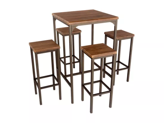 Lot de table de bar carrée de 110 cm de haut et 4 tabourets en noyer brun Mod. ROMA par Yelloo