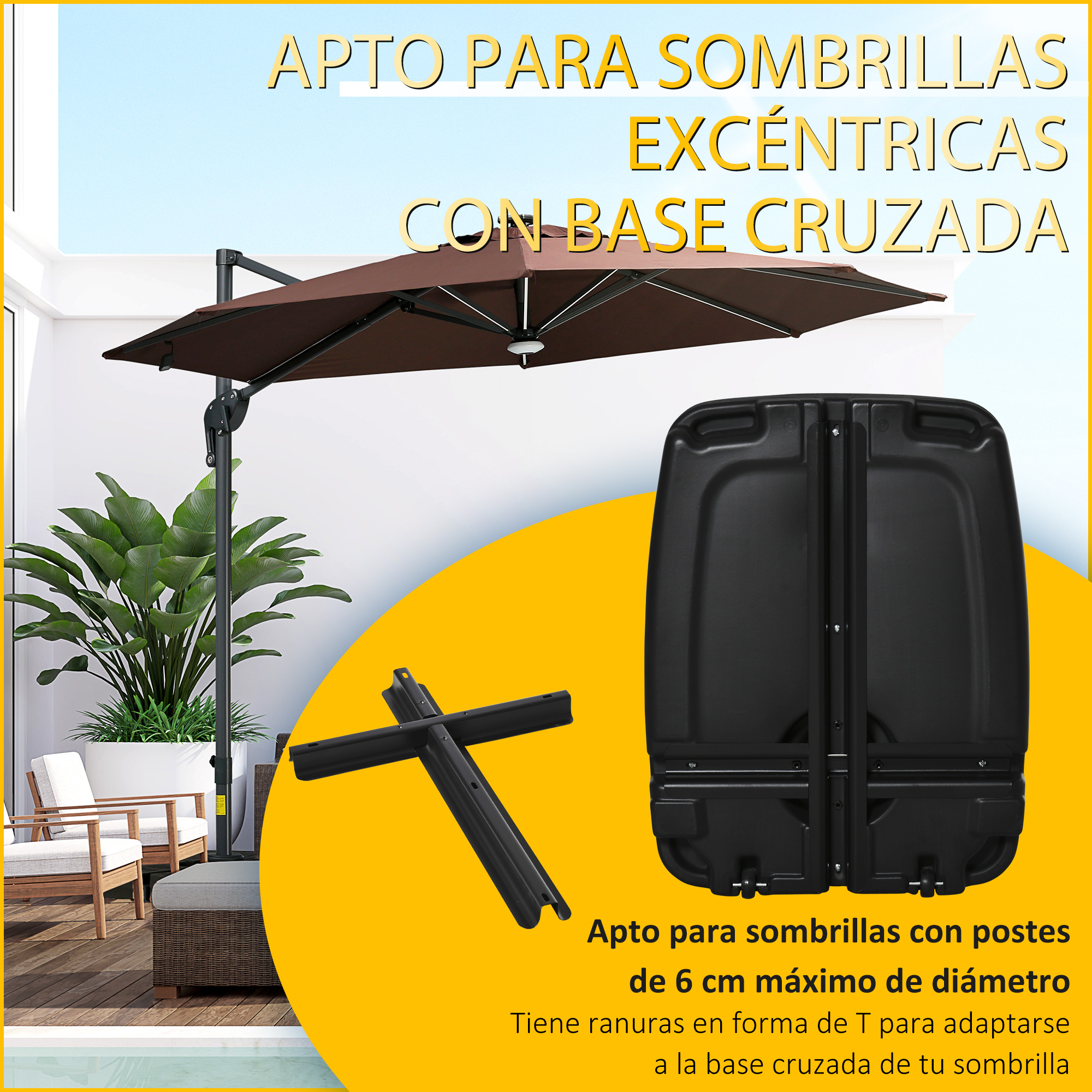 Base para guarda-sol Outsunny com 2 rodas, enchível com água (60 kg), areia (68 kg) ou uma mistura de ambos (75 kg), suporte em cruz para guarda-sol para jardim, pátio e terraço, 80x60x17 cm, preta.