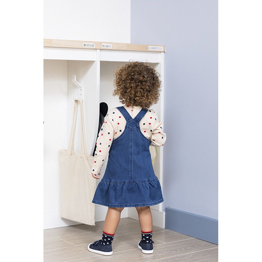 Robe à bretelles en denim avec broderie pomme pour bébé fille - Bleu