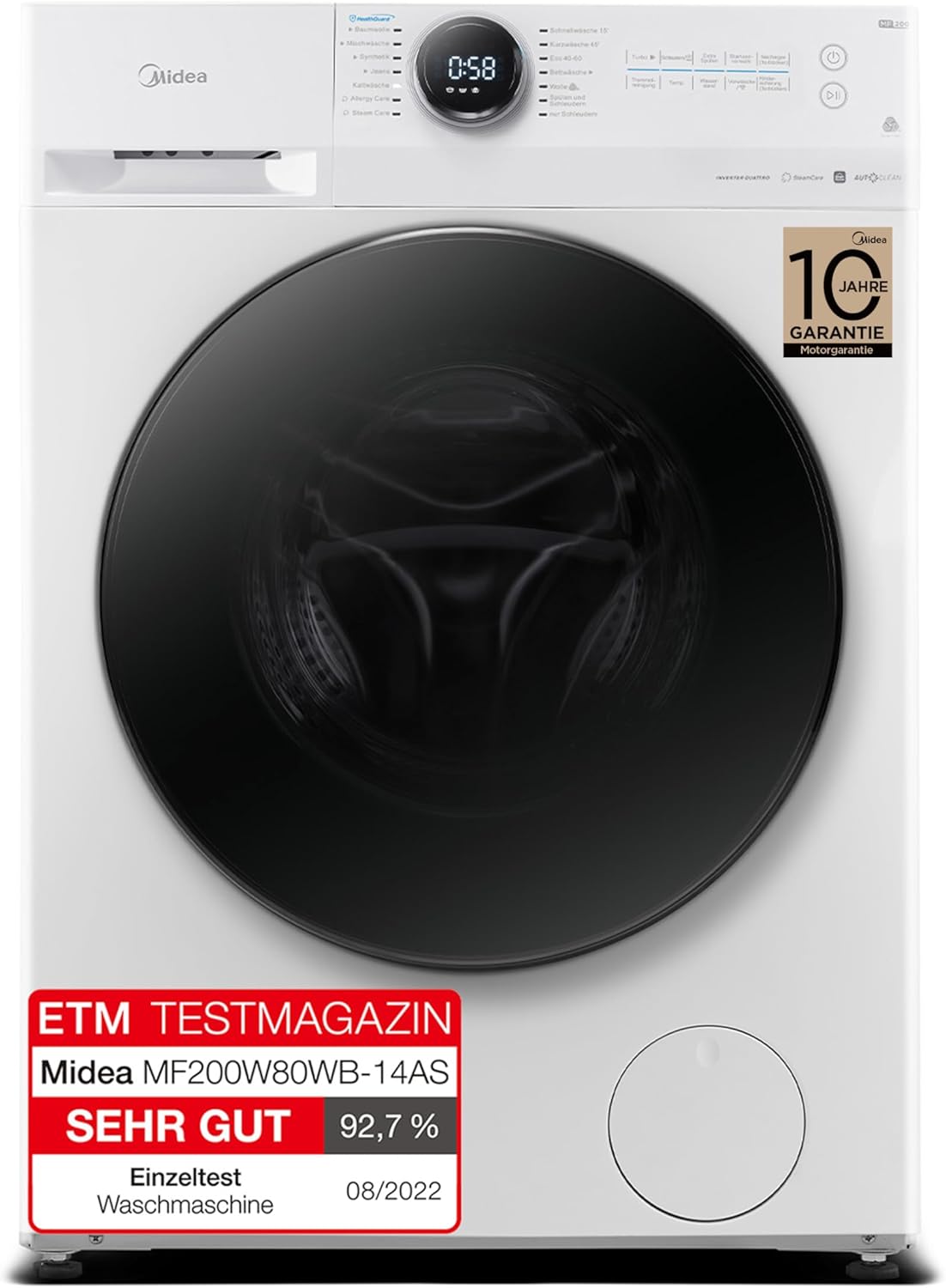 Midea MF200W80WB-14AS Waschmaschine / 8KG / nur 48 cm tief/Energieeffizienzklasse A/Steam Care/Nachlegefunktion / 1400 U/min/Turbo Wash/APP-Steuerung, AquaStop