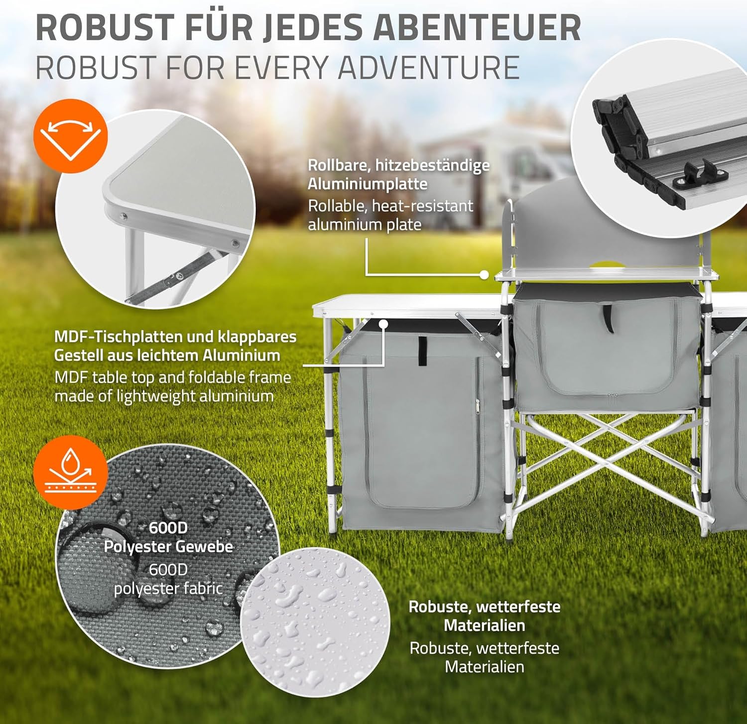 Hauki Camping Küche Campingschrank faltbar mit Tragetasche, Reiseküche mit Windschutz, Küchenschrank mit Arbeitsplatte, Staufächern, Alu Outdoorküche Faltschrank Küchenbox klappbar Zeltschrank tragbar