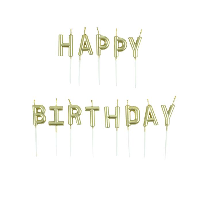 BOUGIES LETTRES HAPPY BIRTHDAY ET PIC PLASTIQUE H.3CM OR
