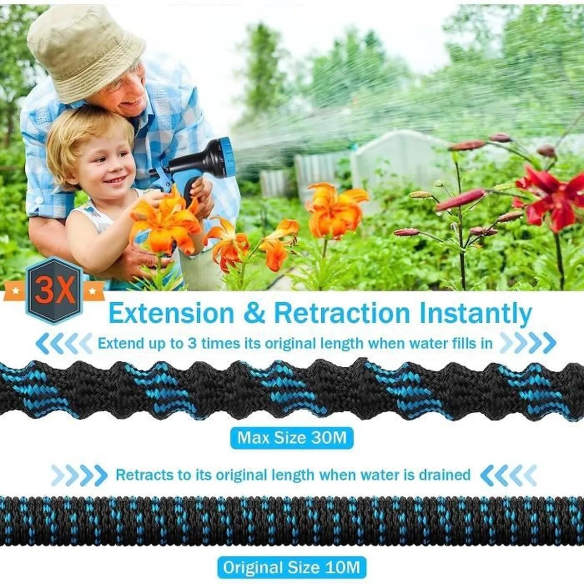 (4-tlg. Set) 30m Flexibler Gartenschlauch Dehnbarer Wasserschlauch mit Handbrause / Wasserhahn Adapter / Wandhalterung - Schwarz / Blau