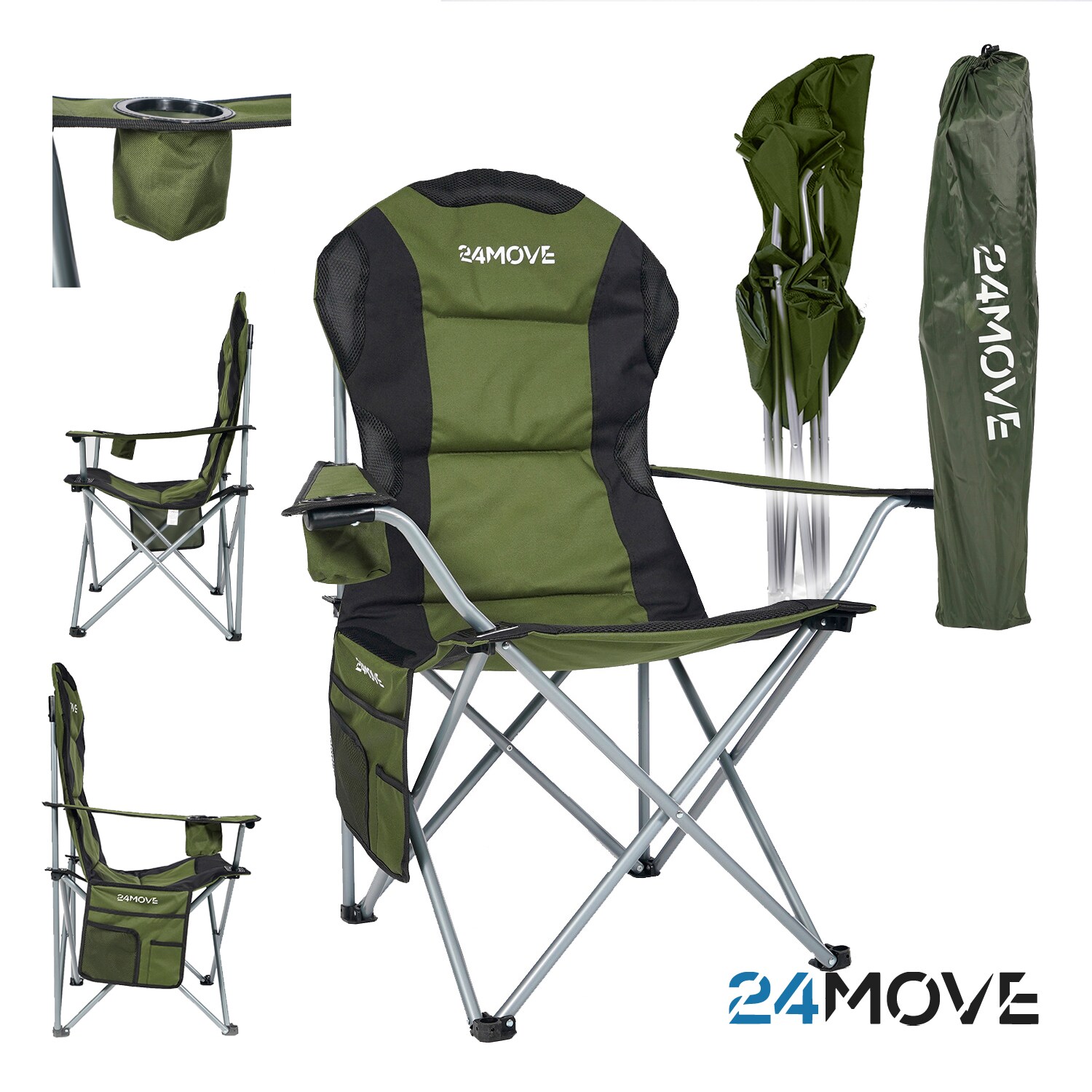 24MOVE® Campingstuhl Salvador faltbar Camping Klappstuhl gepolstert inkl. Tragetasche, bis 150kg belastbar, grün