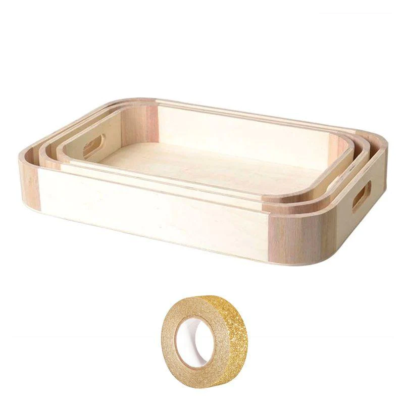 3 plateaux en bois à customiser + masking tape doré à paillettes 5 m Y