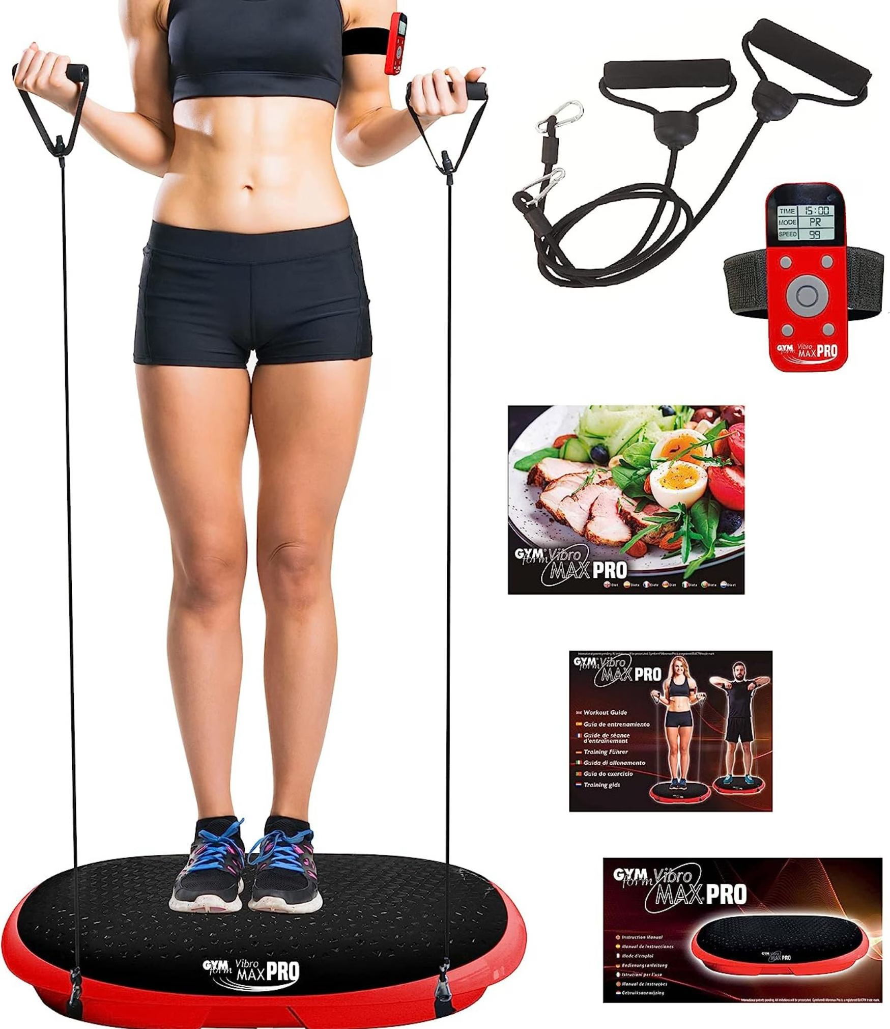 Vibromax Pro Fitness Vibrationsplatte Körper Massagegerät inkl. Widerstandsbänder / Fernbedienung - Schwarz / Rot