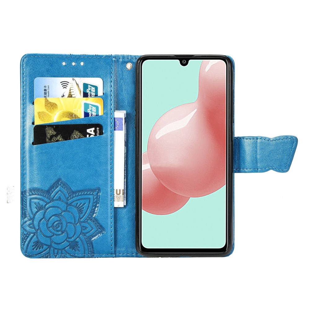 Samsung Galaxy A41 Leder Tasche Flip Cover Schmetterlinge Imprint - Blau
